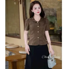 Áo sơ mi ký giả cổ sen đính hoa xinh xắn, Áo sơ mi công sở thiết kế tinh tế phong cách thanh lịch - May0915