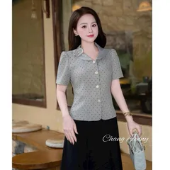 Áo sơ mi ký giả cổ sen đính hoa xinh xắn, Áo sơ mi công sở thiết kế tinh tế phong cách thanh lịch - May0915