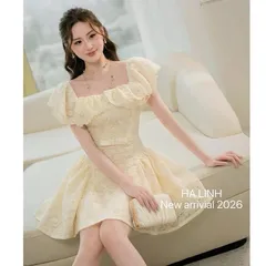 Váy ren cổ bèo trễ vai nơ eo xinh xắn, Váy xoè ngắn trẻ trung đi chơi, đi tiệc xinh xuất sắc - May0915