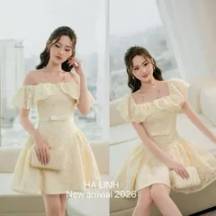 Váy ren cổ bèo trễ vai nơ eo xinh xắn, Váy xoè ngắn trẻ trung đi chơi, đi tiệc xinh xuất sắc - May0915