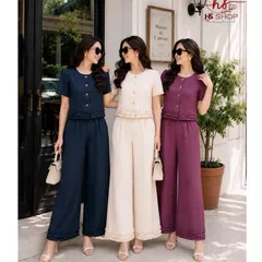 Sét bộ HS áo sơ mi chân bèo và quần ống rộng trẻ trung thanh lịch, Sét bộ mặc đi làm đi chơi đều đẹp - May0915