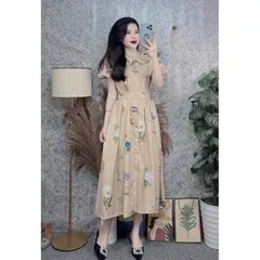 Váy hoa cổ bèo, dáng xòe chất vải thô hàng thiết kế đẹp, váy hoa dài xòe, đi chơi - Mây Boutique - May0915