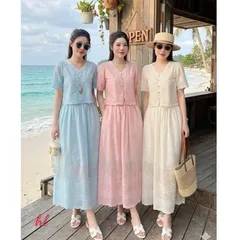 Sét váy thô boi cổ tim phối ren xinh xắn - May0915