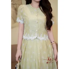 Sét váy tơ in hoa HS dáng xoè trẻ trung, thiết kế áo cổ bèo gấu ren xinh xắn - May0915