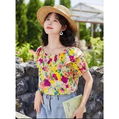 Áo sơ mi hoa cổ bèo trễ vai siêu xinh, áo nữ thời trang phong cách năng động - May0915