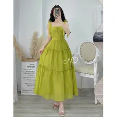 Váy maxi 2 dây hoa vai chất đũi mềm mát, form váy siêu tôn dáng - May0915