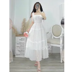 Váy maxi 2 dây hoa vai chất đũi mềm mát, form váy siêu tôn dáng - May0915