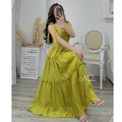 Váy maxi 2 dây hoa vai chất đũi mềm mát, form váy siêu tôn dáng - May0915