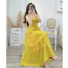 Váy maxi 2 dây hoa vai chất đũi mềm mát, form váy siêu tôn dáng - May0915