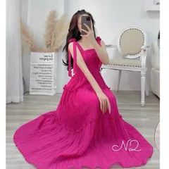 Váy maxi 2 dây hoa vai chất đũi mềm mát, form váy siêu tôn dáng - May0915