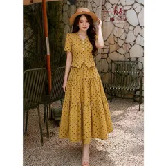 Sét áo cúc ngọc cổ tim HS và chân váy xoè thanh lịch, Sét váy vintage nhẹ nhàng tôn dáng cực xinh - May0915