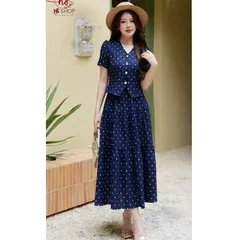 Sét áo cúc ngọc cổ tim HS và chân váy xoè thanh lịch, Sét váy vintage nhẹ nhàng tôn dáng cực xinh - May0915