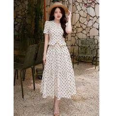 Sét áo cúc ngọc cổ tim HS và chân váy xoè thanh lịch, Sét váy vintage nhẹ nhàng tôn dáng cực xinh - May0915