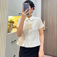 Áo sơ mi chấm bi phối bèo dáng croptop - May0915