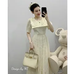 Váy ren mềm 2 lớp siêu đẹp, váy ren cổ thuỷ thủ đính hoa xinh - May0915