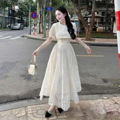 Váy maxi ren kem cổ vạt đính hoa - May0915