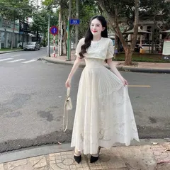 Váy maxi ren kem cổ vạt đính hoa - May0915