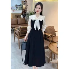 Váy công sở phối sơ mi cổ buộc nơ siêu xinh - May0915