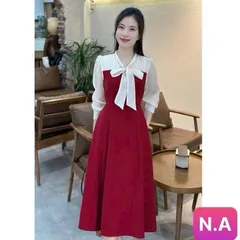 Váy công sở phối sơ mi cổ buộc nơ siêu xinh - May0915