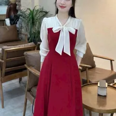 Váy công sở phối sơ mi cổ buộc nơ siêu xinh - May0915