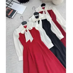 Váy công sở phối sơ mi cổ buộc nơ siêu xinh - May0915