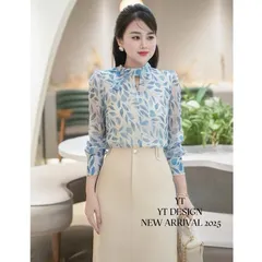 Áo sơ mi công sở hoạ tiết cổ nơ lệch - May0915