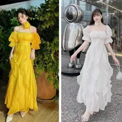 Váy maxi bèo trễ vai có đệm ngực kèm choker xinh