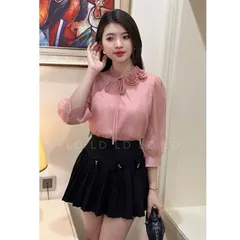 Áo sơ mi cổ bèo đính hoa tay lỡ chất tơ siêu đẹp - May0915
