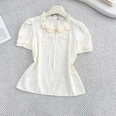 Áo sơ mi cổ bèo đính hoa tone màu cực xinh, chất mềm siêu mát - May0915