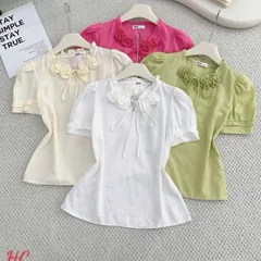 Áo sơ mi cổ bèo đính hoa tone màu cực xinh, chất mềm siêu mát - May0915
