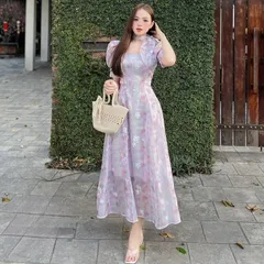 Váy maxi tơ óng hoa thêu nơ cổ tiểu thư sang chảnh