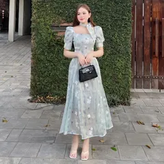 Váy maxi tơ óng hoa thêu nơ cổ tiểu thư sang chảnh