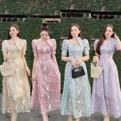 Váy maxi tơ óng hoa thêu nơ cổ tiểu thư sang chảnh