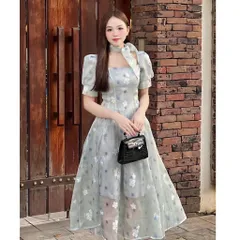 Váy maxi tơ óng hoa thêu nơ cổ tiểu thư sang chảnh