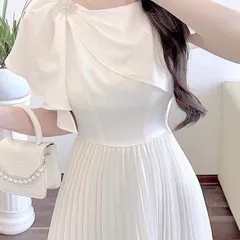 Váy trượt phủ vai xếp ly, váy dự tiệc sang chảnh