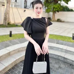 Váy trượt phủ vai xếp ly, váy dự tiệc sang chảnh