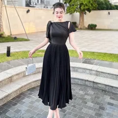 Váy trượt phủ vai xếp ly, váy dự tiệc sang chảnh