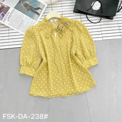 Áo sơ mi lụa hàn châu chấm bi cổ bèo đính hoa xinh - May0915