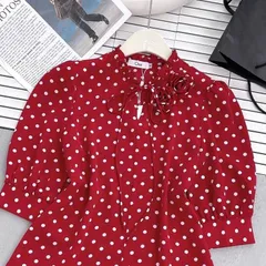 Áo sơ mi lụa hàn châu chấm bi cổ bèo đính hoa xinh - May0915
