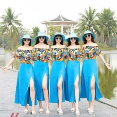 Sét váy đi biển, đồng phục hội nhóm, áo trễ vai kèm chân váy xẻ - May0915