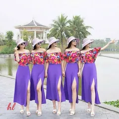Sét váy đi biển, đồng phục hội nhóm, áo trễ vai kèm chân váy xẻ - May0915