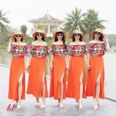 Sét váy đi biển, đồng phục hội nhóm, áo trễ vai kèm chân váy xẻ - May0915