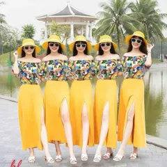 Sét váy đi biển, đồng phục hội nhóm, áo trễ vai kèm chân váy xẻ - May0915