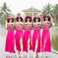 Sét váy đi biển, đồng phục hội nhóm, áo trễ vai kèm chân váy xẻ - May0915