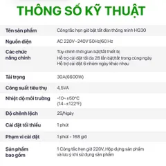 Công tắc hẹn giờ bật tắt điện 220V HG30 công suất lớn 30A, 28 chương trình và có thời gian chính xác