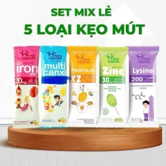 (Combo 5 Vị) Kẹo Mút Happy Vitamin chính hãng bổ sung Sắt, Canxi, Kẽm, Lysine, Vitamin, Keo Ong cho bé