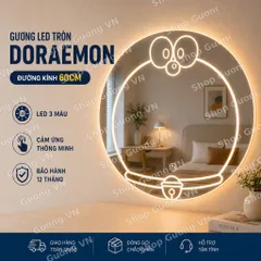 Gương LED SẤY tròn Doraemon treo bàn trang điểm, phòng tắm, kt D60, D50, D40 kèm phụ kiện treo