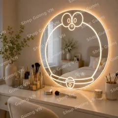 Gương LED SẤY tròn Doraemon treo bàn trang điểm, phòng tắm, kt D60, D50, D40 kèm phụ kiện treo