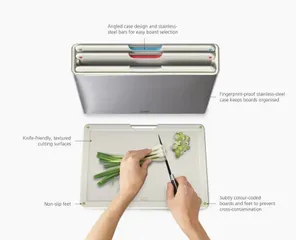 Bộ 4 thớt Joseph Joseph 1000072 Folio Steel 4pc Chopping Board Set Light Stone