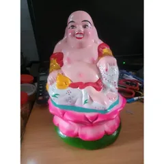 Tượng Phật Di Lặc 30cm ngồi toà sen hồng đất nung